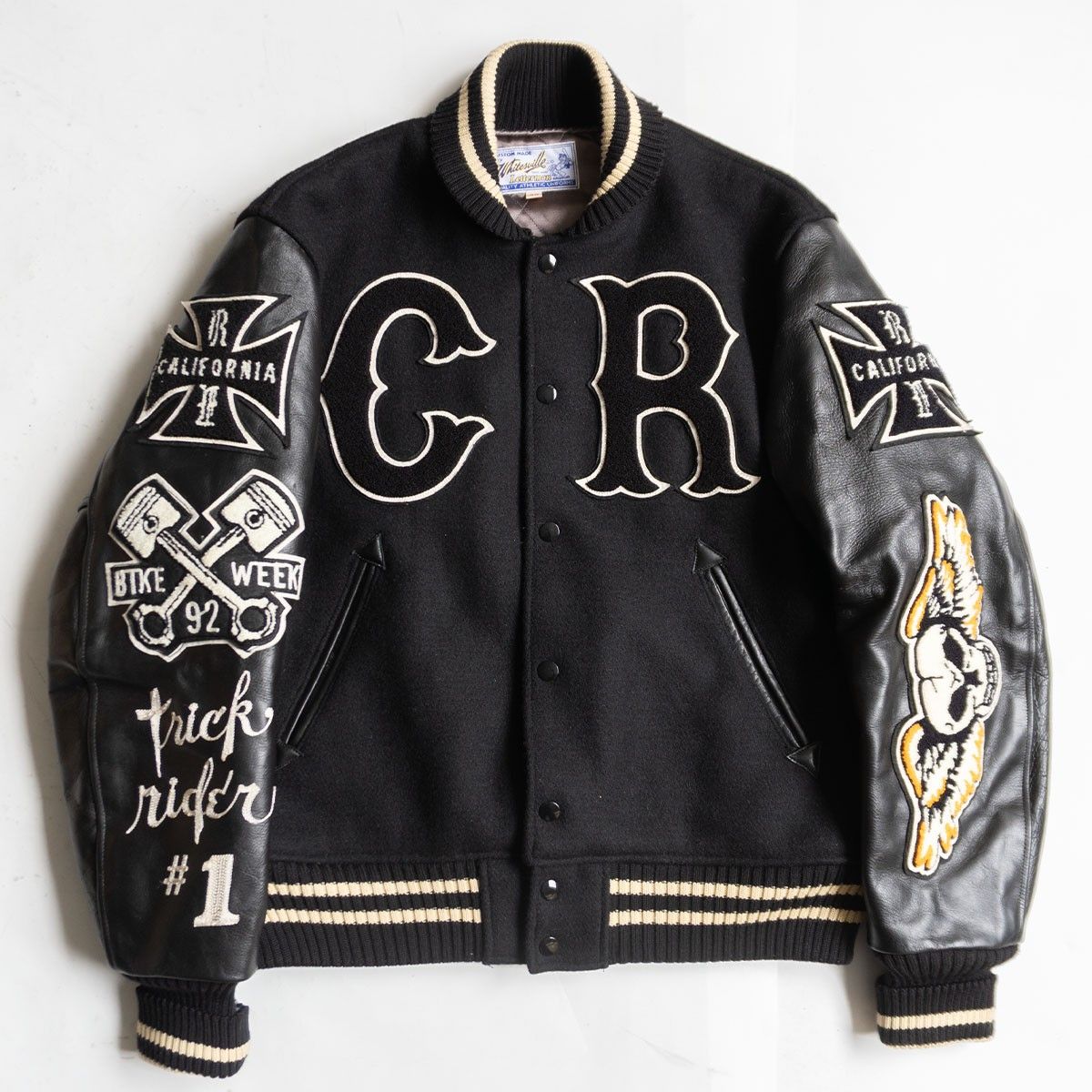 美品】WHITESVILLE【フルデコ レザースリーブ スタジャン】40