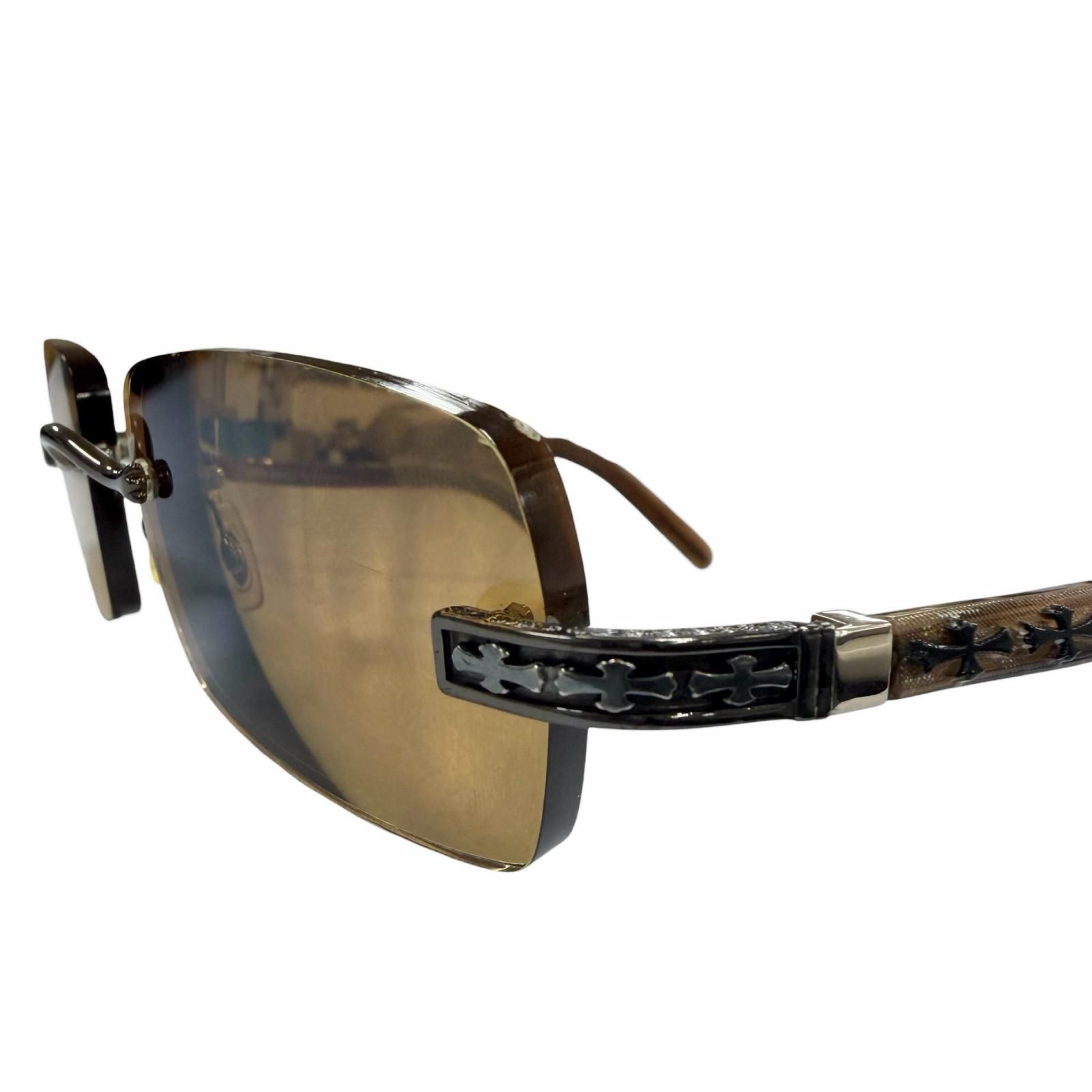 良品▼CHROME HEARTS クロムハーツ THREE BOB 925 リムレス ツーポイント クロステンプル アイウェア サングラス ブラウン 総重量27.23g