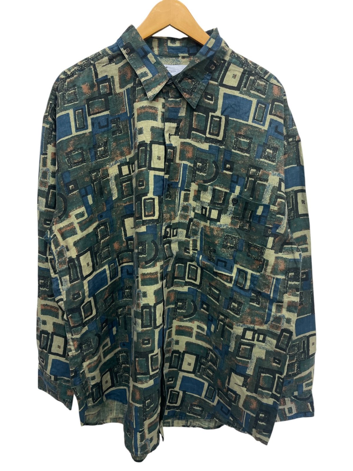 GOOUCH (グーチ) 総柄 長袖リネンシャツ 90S 古着 ビンテージ XL モスグリーン系 メンズ/045