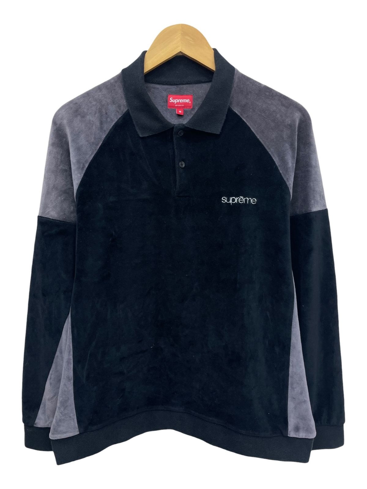 Supreme (シュプリーム) 22AW Paneled Velour L/S Polo パネル 長袖ポロシャツ ベロア M ブラック×グレー メンズ/045