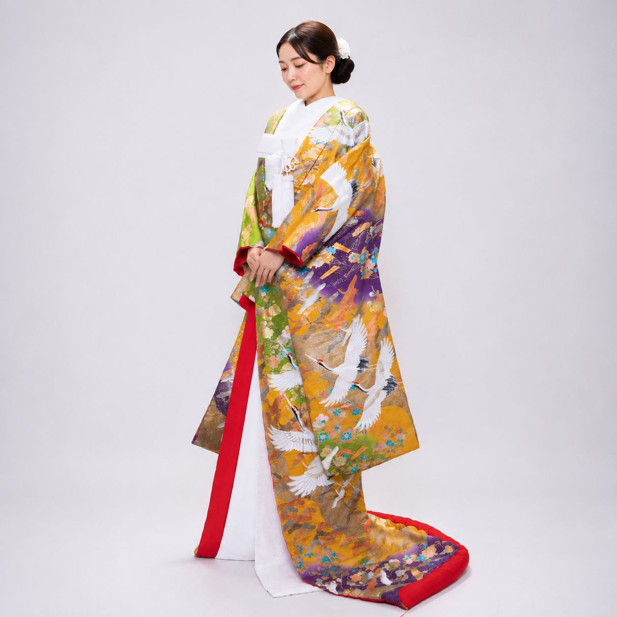 8 色打掛 婚礼用 ゴールド 金 茶 紫 鶴柄 金彩 花嫁和装 打掛 和装 前