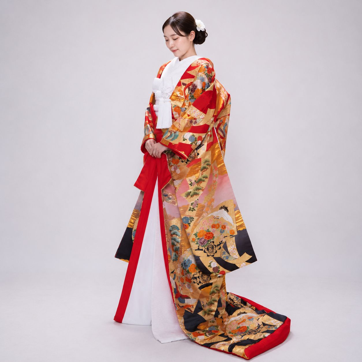 3 婚礼用 色打掛 赤 朱赤 御所車 鳳凰 花柄 金彩 花嫁和装 打掛 和装