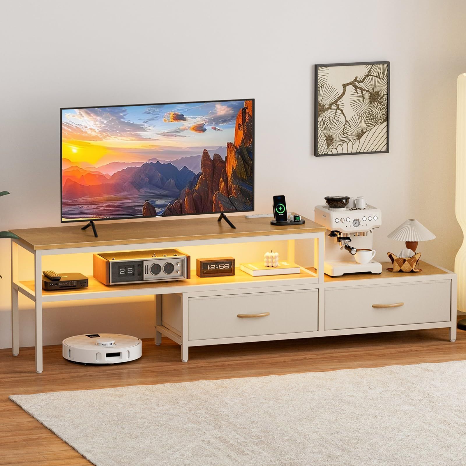 【新着商品】テレビラック ライト付き ワイドチェスト 自由レイアウト ローボード 大容量収納 引き出し コーナータイプ 棚付き 32/40/50型対応tv台 ロータイプ オープン収納 収納チェスト 幅調整可能 角度調整 テレビボード 省スペース 伸縮 北欧 テ