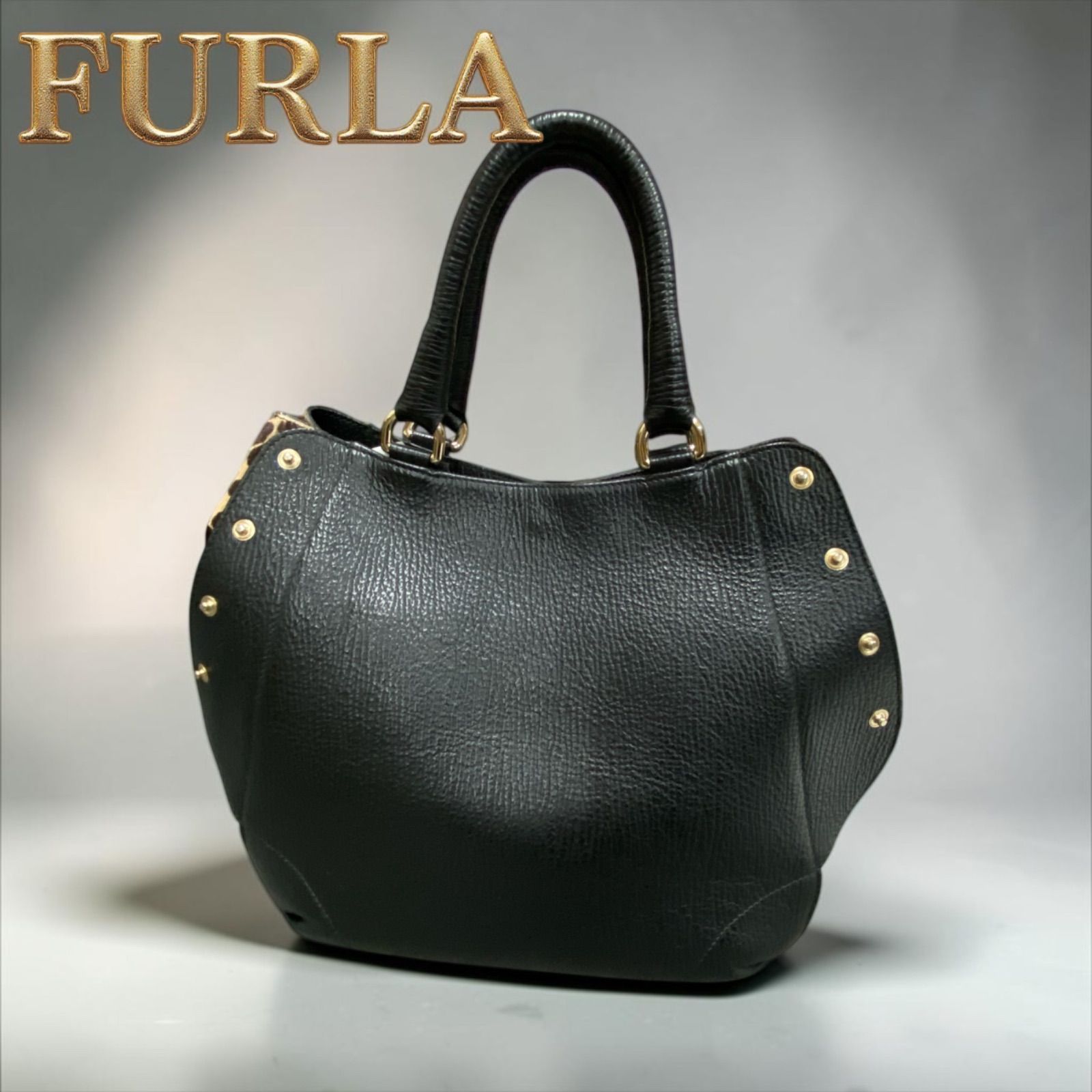 FURLA フルラ 2WAY トートバッグ ハンドバッグ ハラコ ヒョウ柄　ブラック　レディースファッション　レディースバッグ　ハンドバッグ