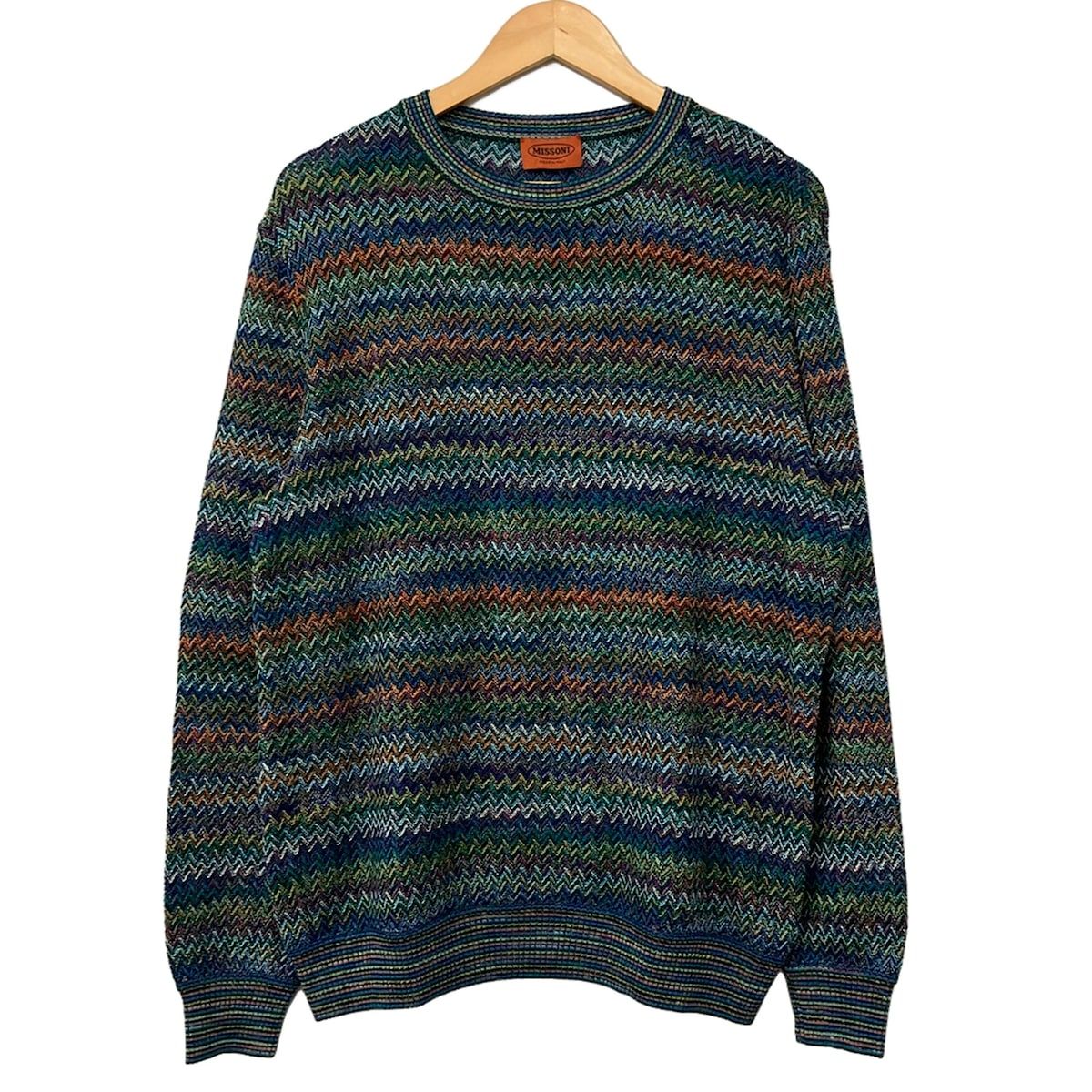 MISSONI(ミッソーニ) 長袖セーター サイズ52 L メンズ美品 - グリーン×パープル×マルチ クルーネック