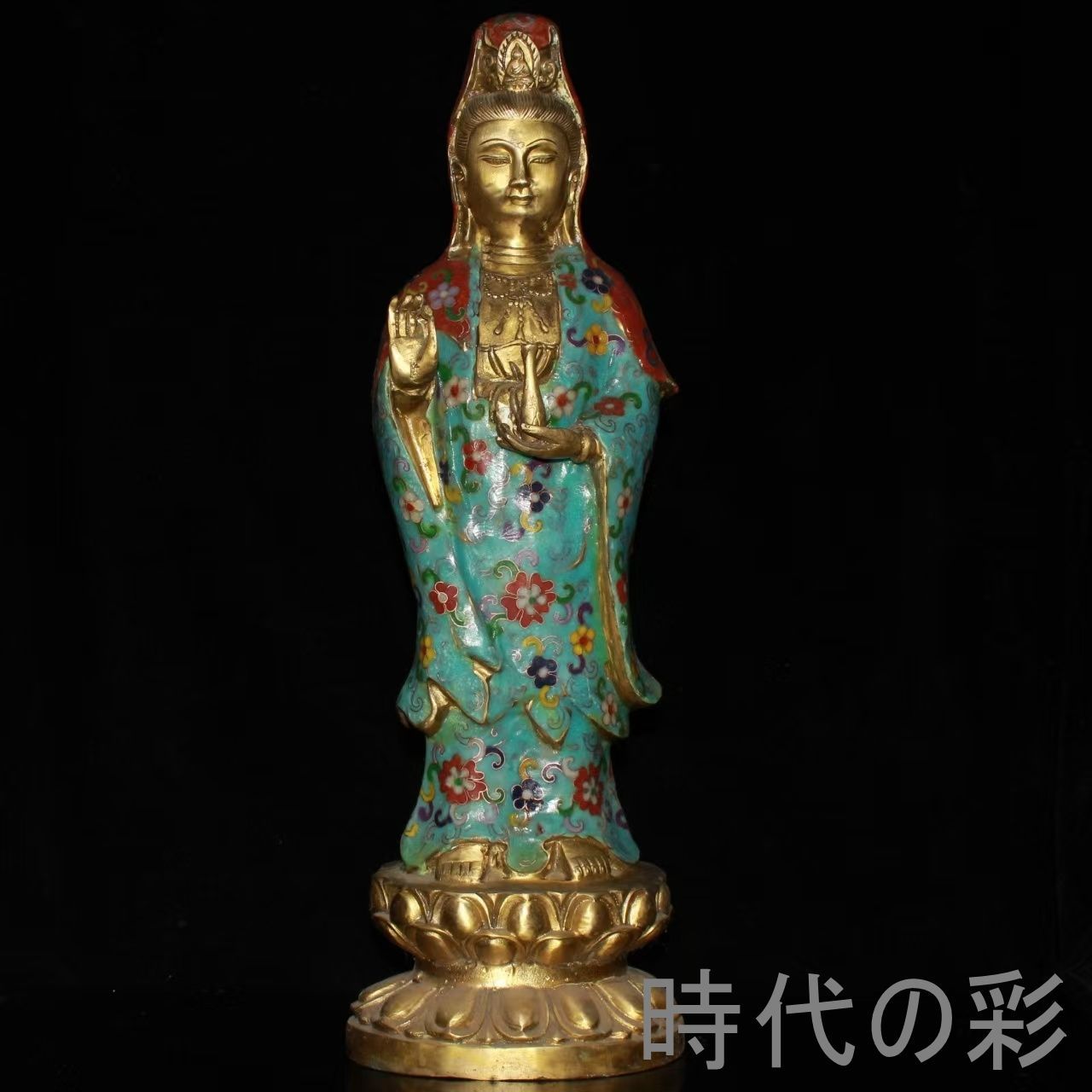 【景泰藍 宝瓶観音像】中国古美術 銅胎 ?絲琺瑯 蓮華台 観音菩薩 仏教美術 七宝焼 唐物 骨董品 旧家蔵出 R08061501