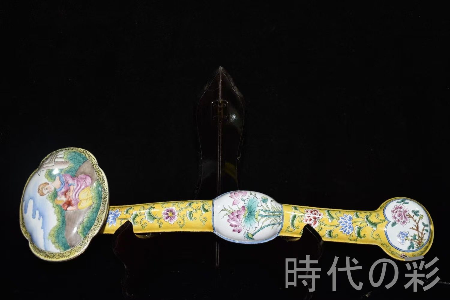 【景泰藍 西洋人物如意】中国古美術 紫銅胎 画琺瑯 如意 吉祥置物 七宝焼 細密細工 唐物 骨董品 R08061511