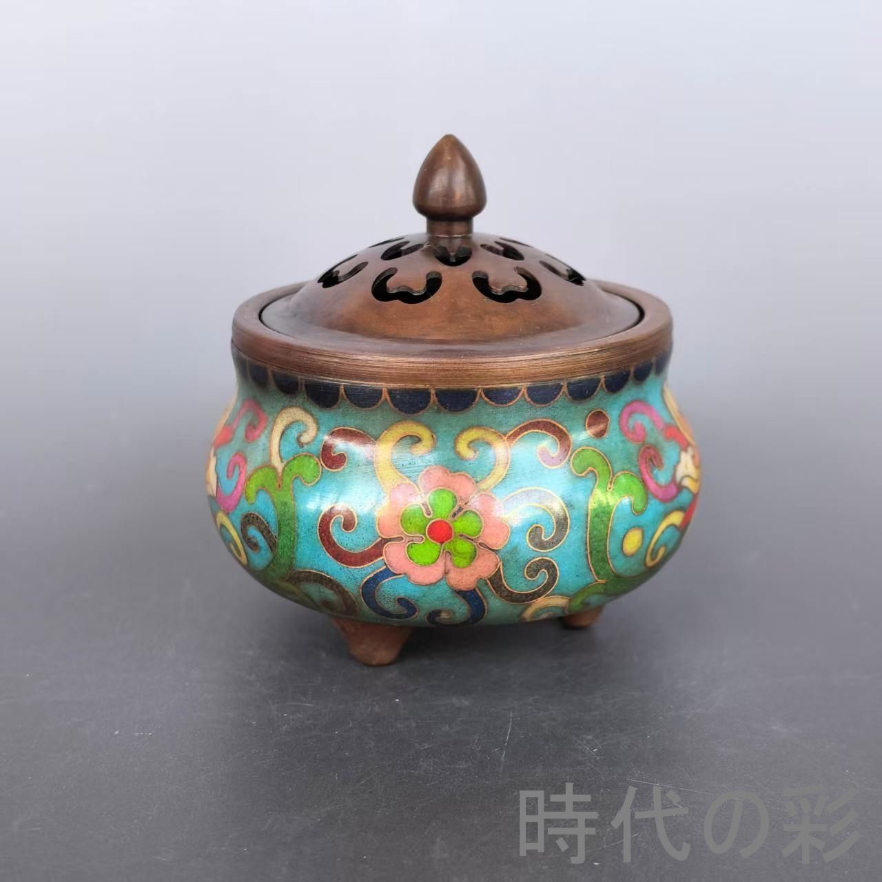 【景泰藍 丸形香炉】中国古美術 銅胎 ?絲琺瑯 香道具 香薫炉 七宝焼 茶道具 唐物 R08061517