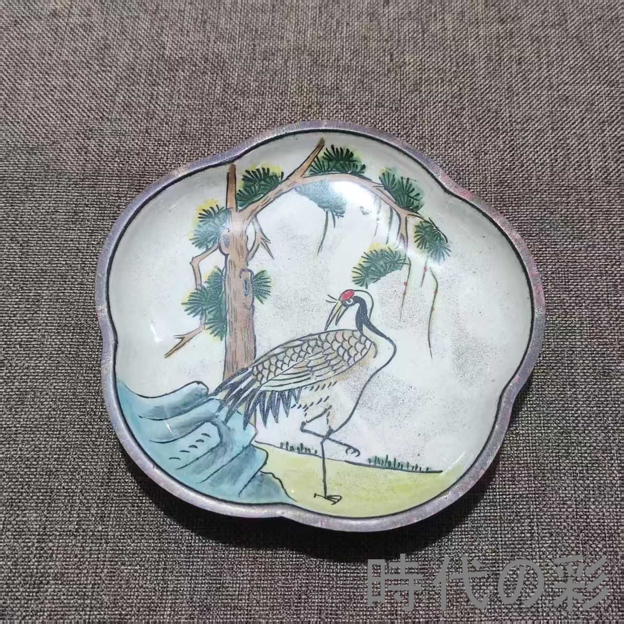 【景泰藍 松鶴茶托】中国古美術 紫銅胎 画琺瑯 松鶴延年 茶道具 茶盤 七宝焼 唐物 R08061516