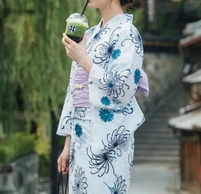 流線菊ブルー 【F】簡単！1人で着れる 綿 浴衣 レディース セパレート 浴衣 3点セット 二部式 浴衣+帯 セパレート浴衣 花火大会 夏祭り 盆踊り フリーサイズ ワンピース浴衣 は下のこのショップの商品をすべて見るよりご覧ください