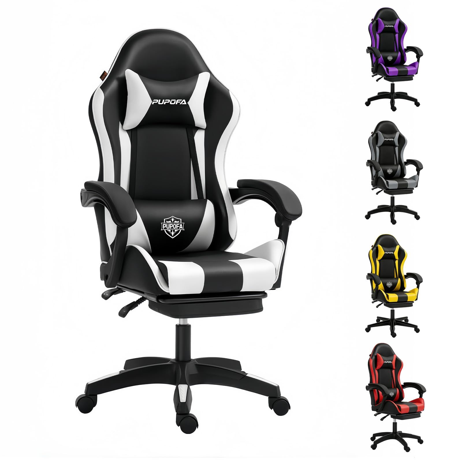 ☆新品☆ゲーミングチェア オットマン付き 高級PUレザー 135°リクライニング 調節可能 ランバーサポート デスク・オフィス・在宅勤務用 (ブラック×ホワイト)