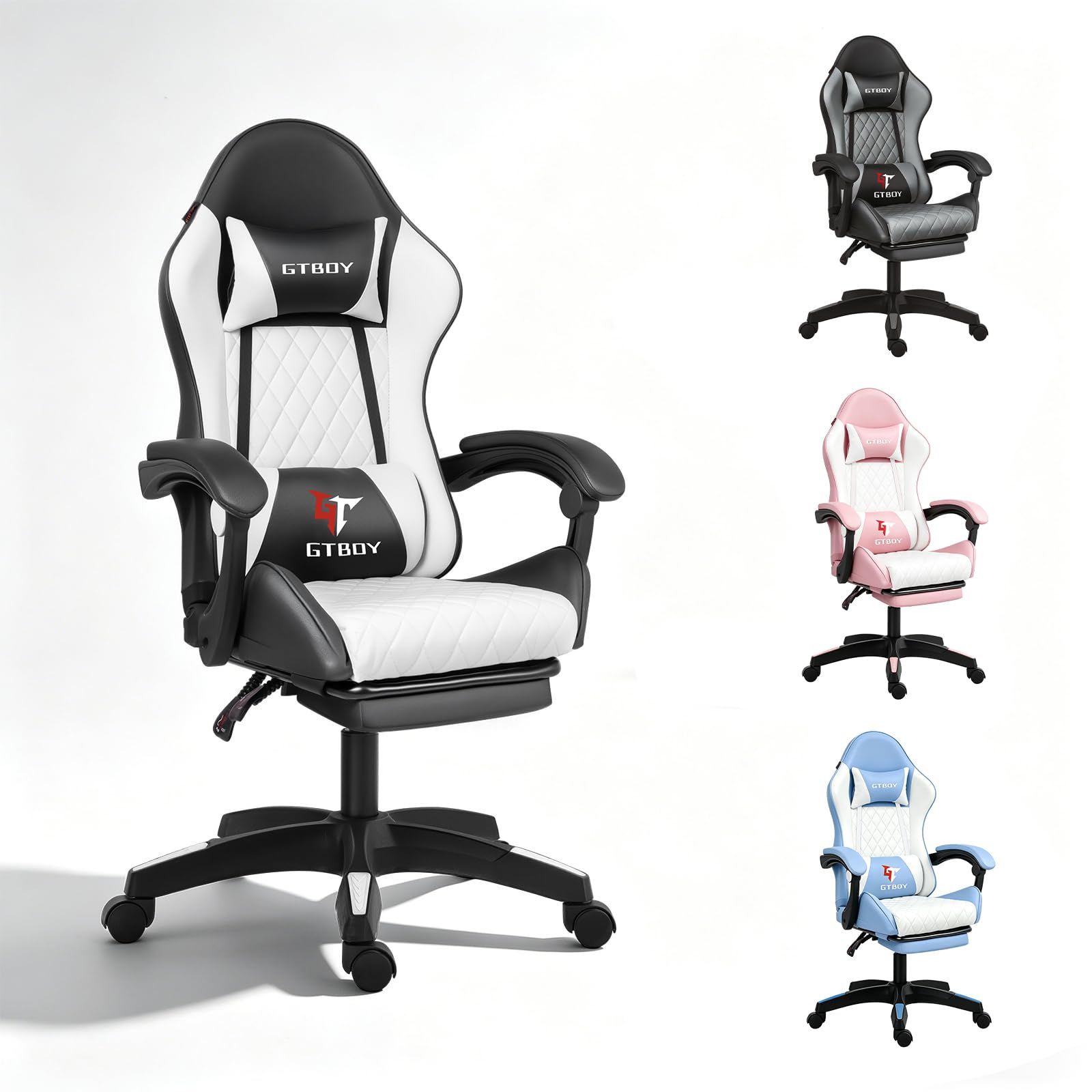 ☆新品☆[GTBoy] ゲーミングチェア 135°フルリクライニング オットマン付き 高級PUレザー 調節可能 ランバーサポート 椅子 オフィス デスク パソコンチェア 家庭用 仕事（ 黒と白）