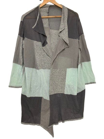 【極美品】【1度のみ着用】【日本製】慈雨 ジウ JIU センソユニコ 変形パッチワークロングカーディガン 羽織ジャケット グレー 緑 Lサイズ40 春夏秋用 ■管理番号L30043SSS26-260618-1K（990）