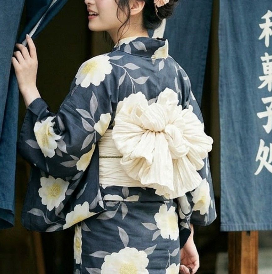 山茶花ネイビー 【F】簡単！1人で着れる 綿 浴衣 レディース セパレート 浴衣 3点セット 二部式 浴衣+帯 セパレート浴衣 花火大会 夏祭り 盆踊り フリーサイズ ワンピース浴衣 は下のこのショップの商品をすべて見るよりご覧ください