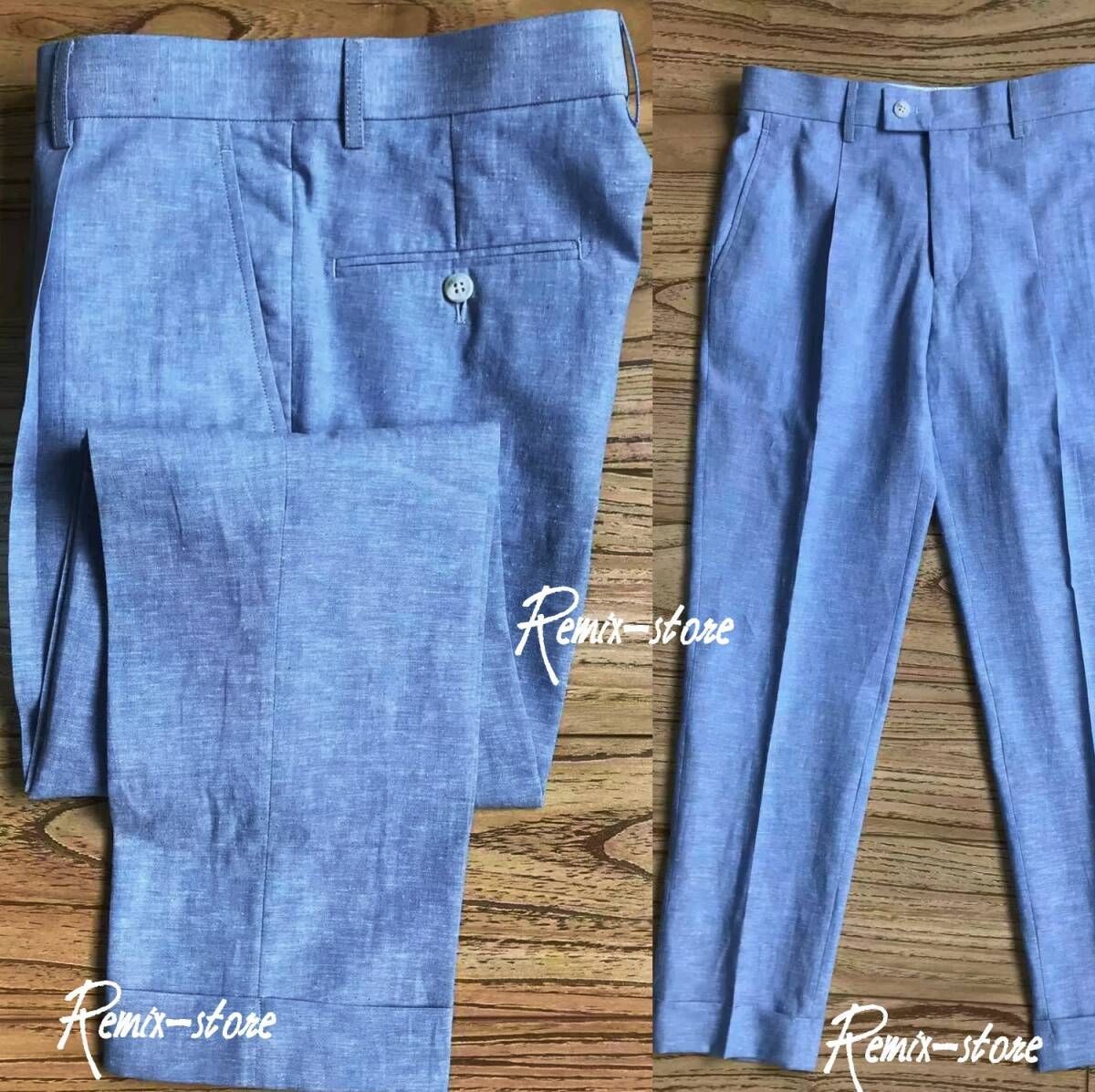 ★SUMMER 最高級 リネン コットン混紡 涼しい ドレスパンツ スリムフィット クロップド ブルー 麻 メンズ ブルー S〜2XL 大きいサイズ★725