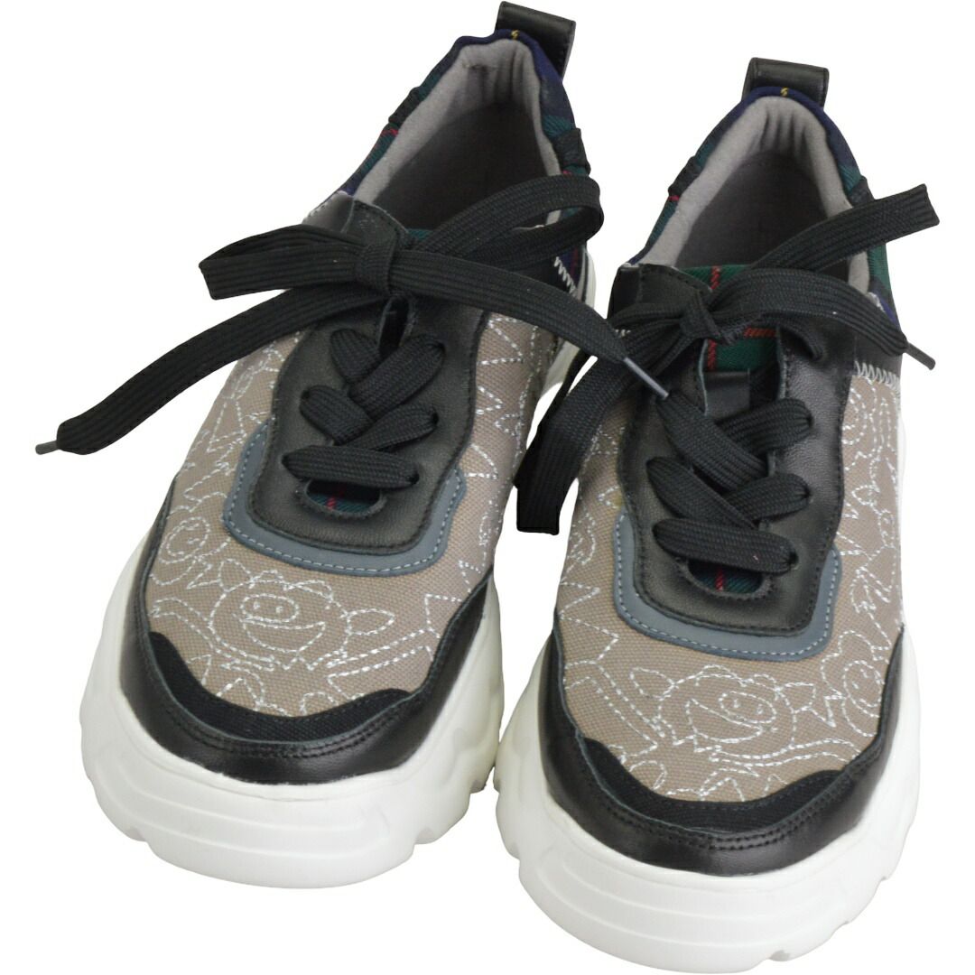 アルベロベロ ALBEROBELLO ぶたさん スニーカー SMILE 刺繍 チェック Sサイズ ベージュ レディース F-LSHOE5196