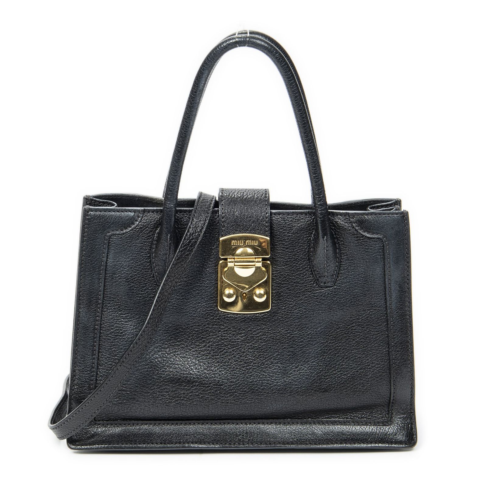 [中古] MIU MIU ミュウミュウプッシュロックフラップトップハンドル黒マドラスレザーA