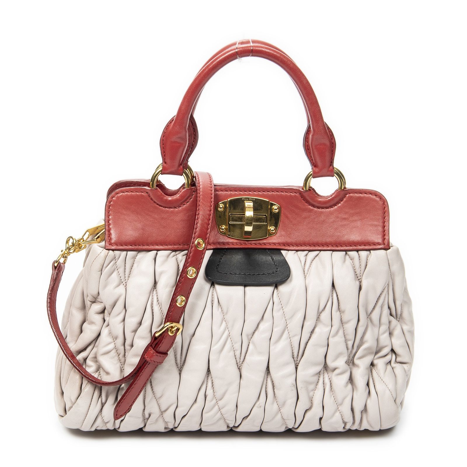 [中古] MIU MIU ミュウミュウTurn Lock Top Handleライトピンク、赤、黒ナッパマトラッセレザーAB