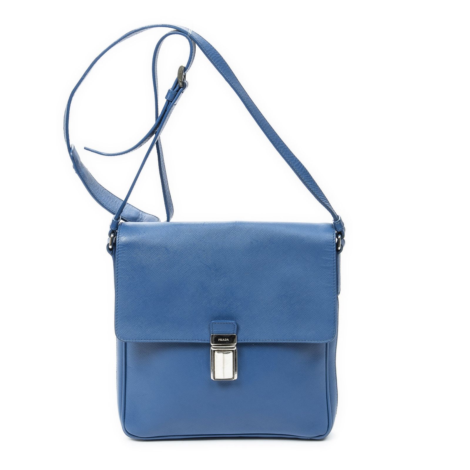 [中古] PRADA プラダPush Lock Flap Messenger青サフィアーノレザーA