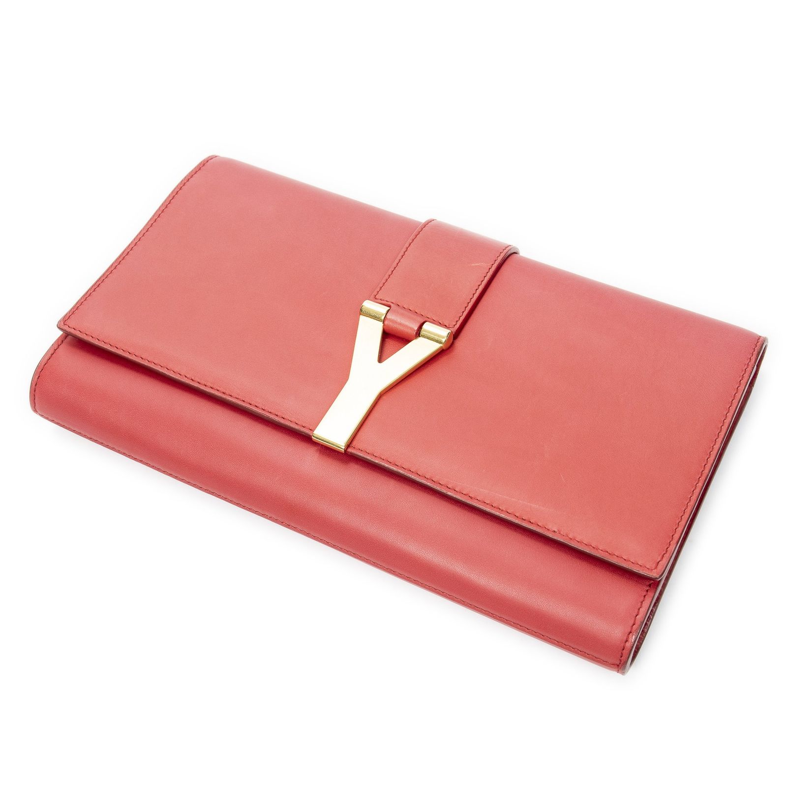 [中古] YVES SAINT LAURENT イヴサンローランラインYクラッチ赤カーフスキンレザーA