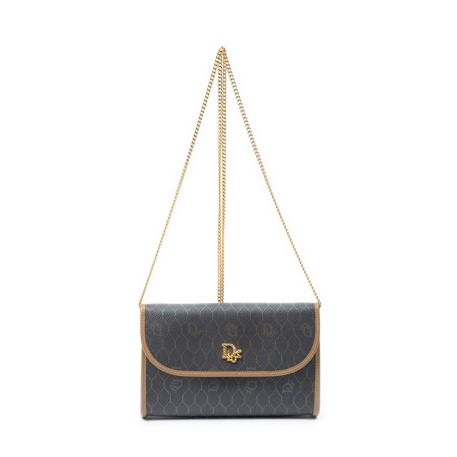 [中古] DIOR ディオールVintage Mini Chain Flapダークグレー、茶色ハニカムPVCキャンバスA