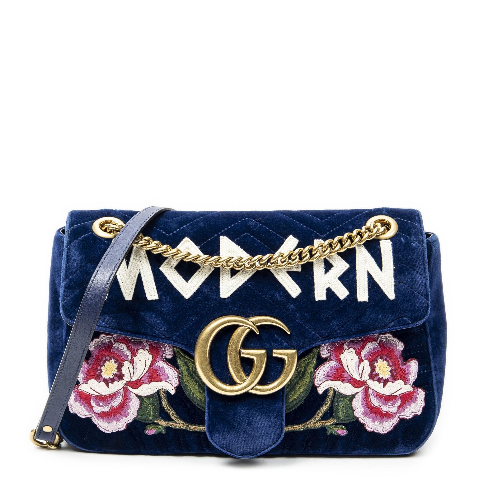 [中古] GUCCI グッチMedium GG Marmont FlapロイヤルブルーエムブロイダーキャンバスA