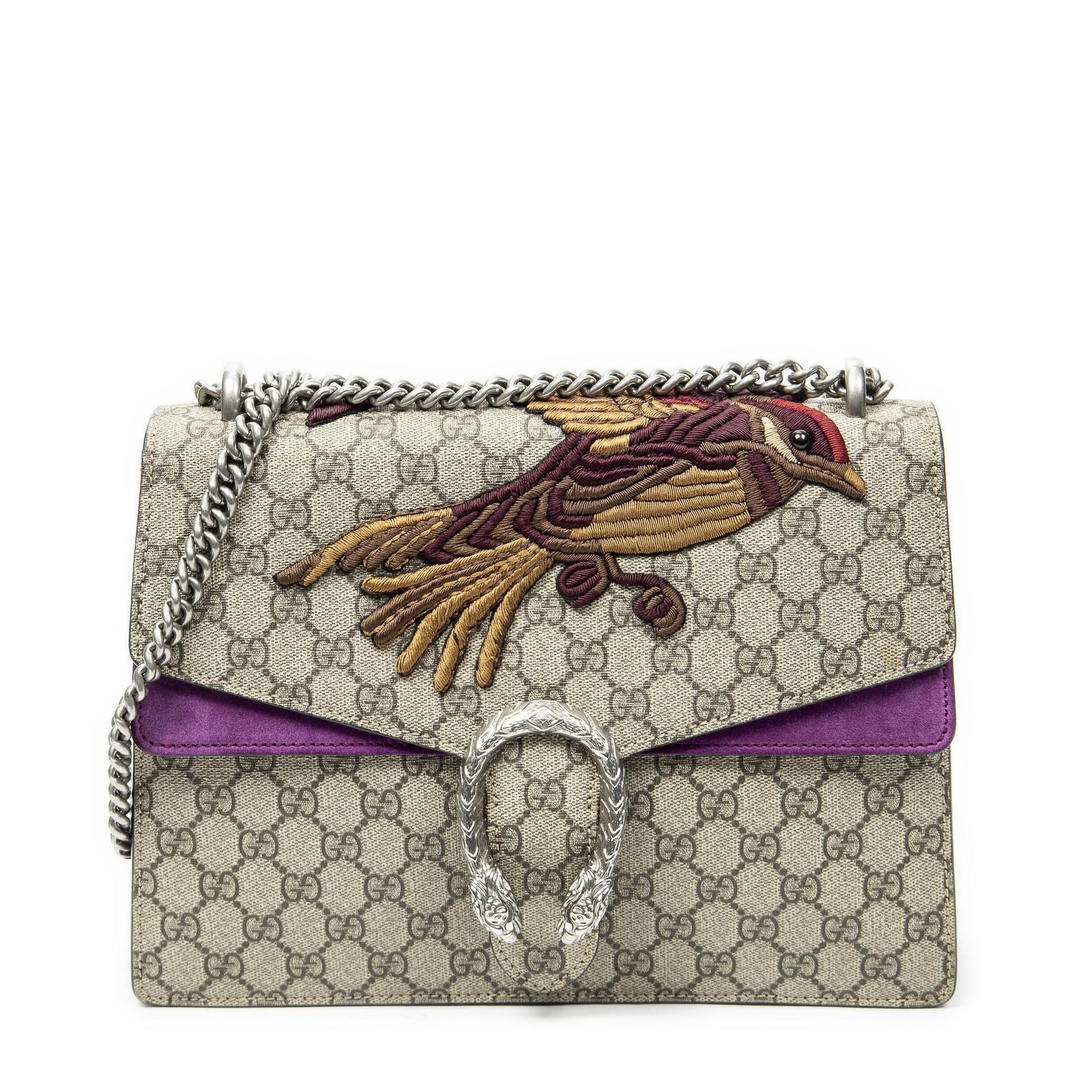 [中古] GUCCI グッチミディアム タイガー ディオニュソス チェーン クロスボディベージュ、紫タイガーエムブロイダースプリーム PVCキャンバスA