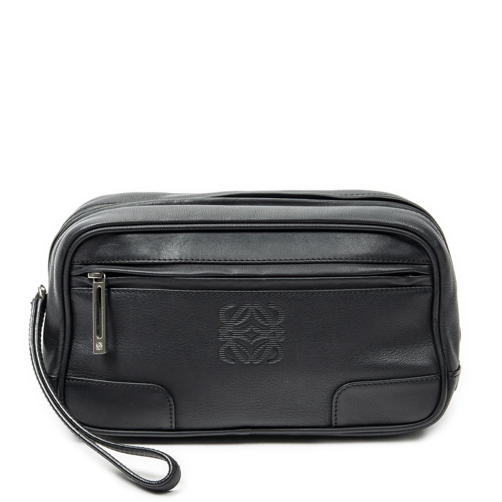 [中古] LOEWE ロエベAnagram Wristlet Clutch黒カーフスキンレザーA