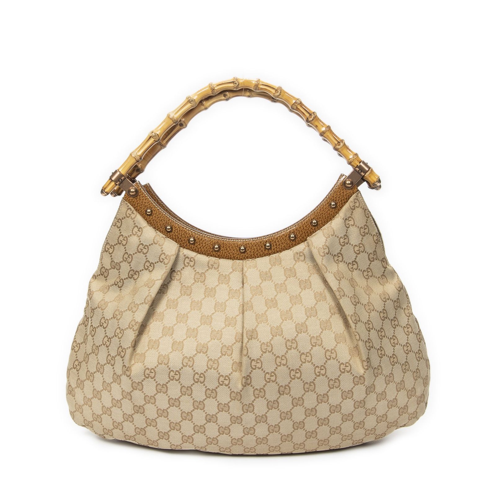 [中古] GUCCI グッチラージ スタッズ付きバンブーホーボータン、ベージュGGキャンバスA