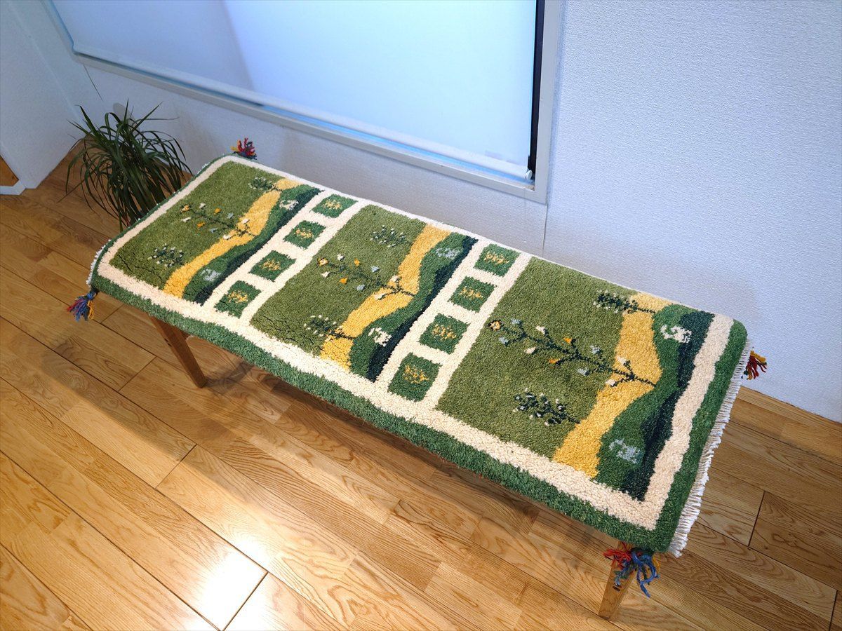 ハンドメイド　ペルシャ　ギャッベ　ミニランナー　ラグ　115x44cm　 緑　風景　RJ15470