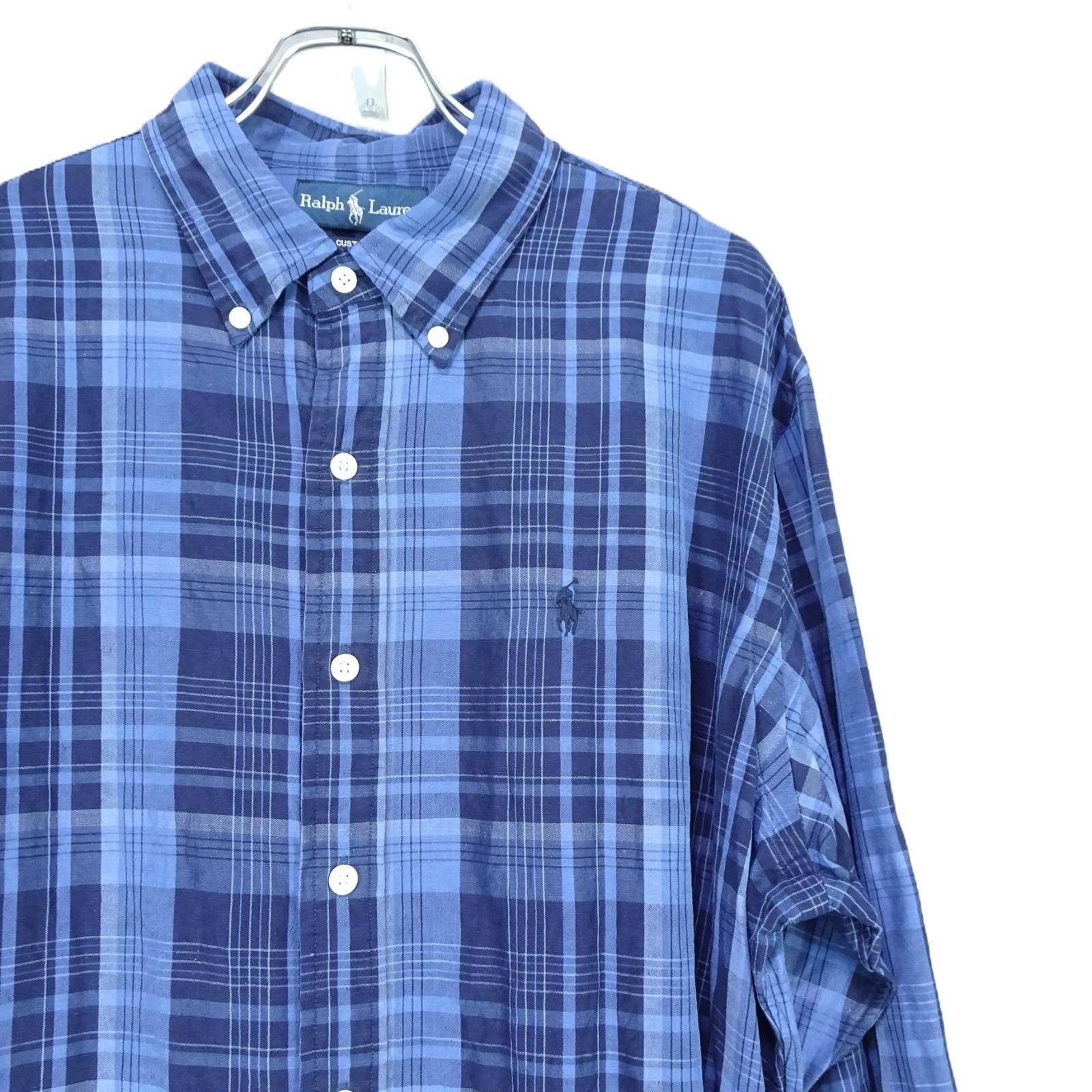 (180) ラルフローレン シルク54%×リネン46%　チェック長袖シャツ XL XXL相当 青 紺 ポロ CUSTOM FIT ボタンダウンシャツ 刺繍ロゴ 薄手 高級素材 カジュアルシャツ アメカジ ストリート 輸入古着