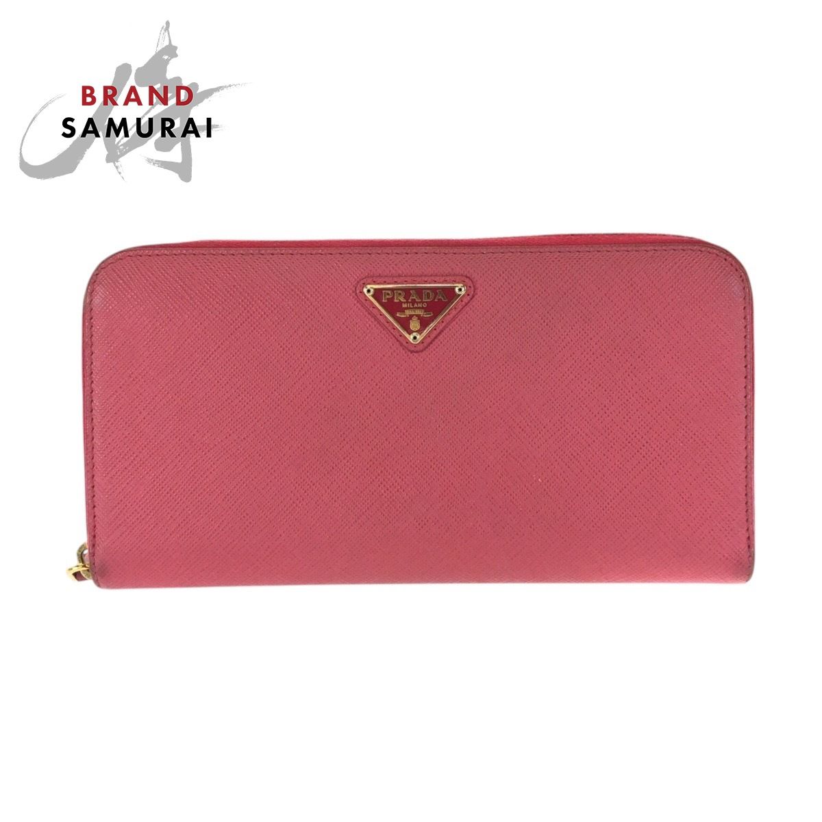 PRADA プラダ サフィアーノ 三角ロゴプレート ピンク ゴールド金具 レザー 長財布 ラウンドファスナー レディース 602916【中古】