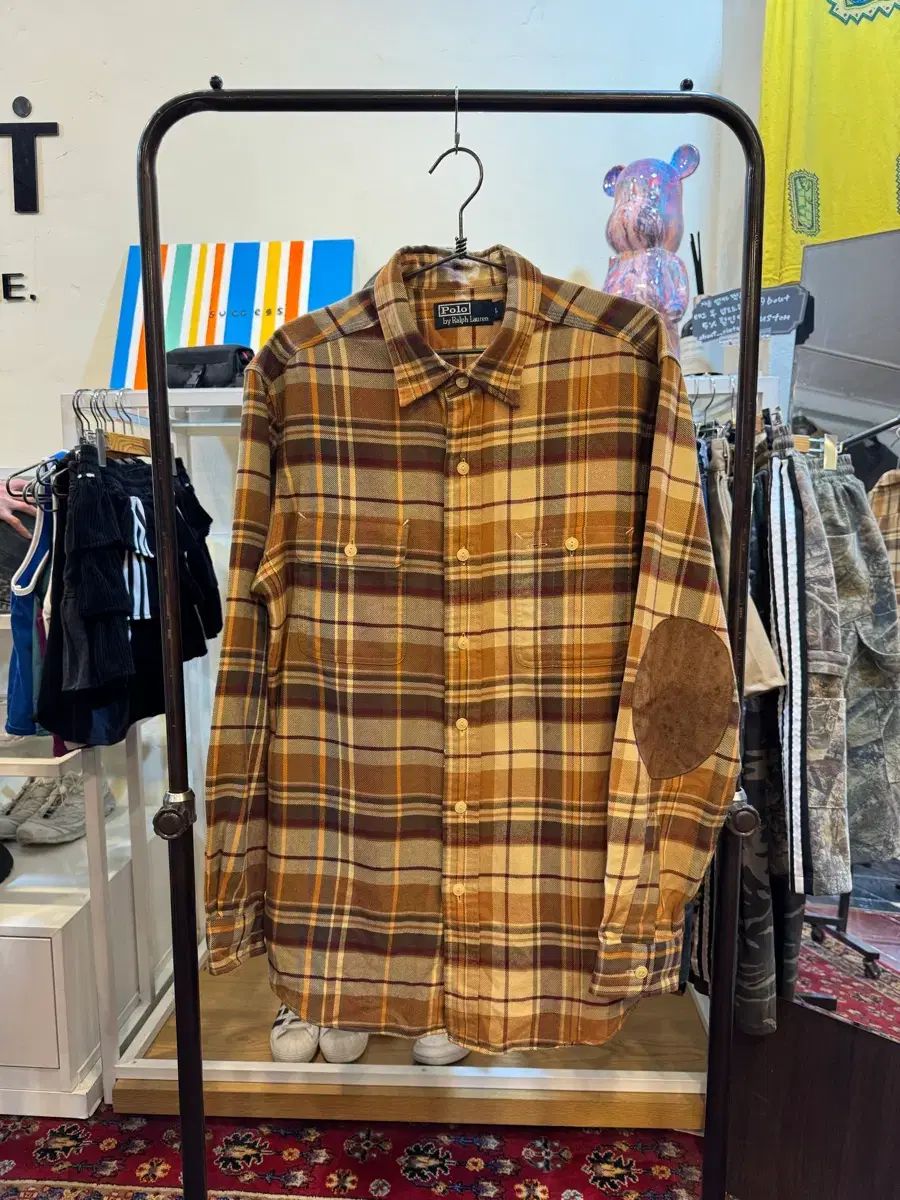 ポロ ラルフローレン エルボー スウェード パッチ CHECK フランネル シャツ L