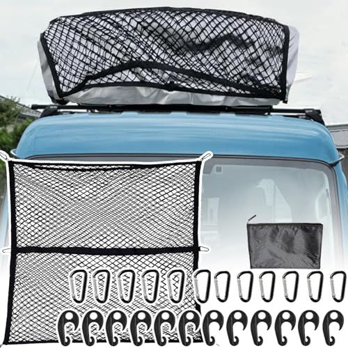 R◆Temiry カーゴネット 高弾性 100×120cm 2層ネット トラック荷台 カーゴネット 荷崩れ防止 メッシュ ルーフネット ルーフキャリア 荷物固定 ABS製フック×12 D型カラビナ×12 収納ポーチ ルーフラックネット 荷物 6ab6cb1e