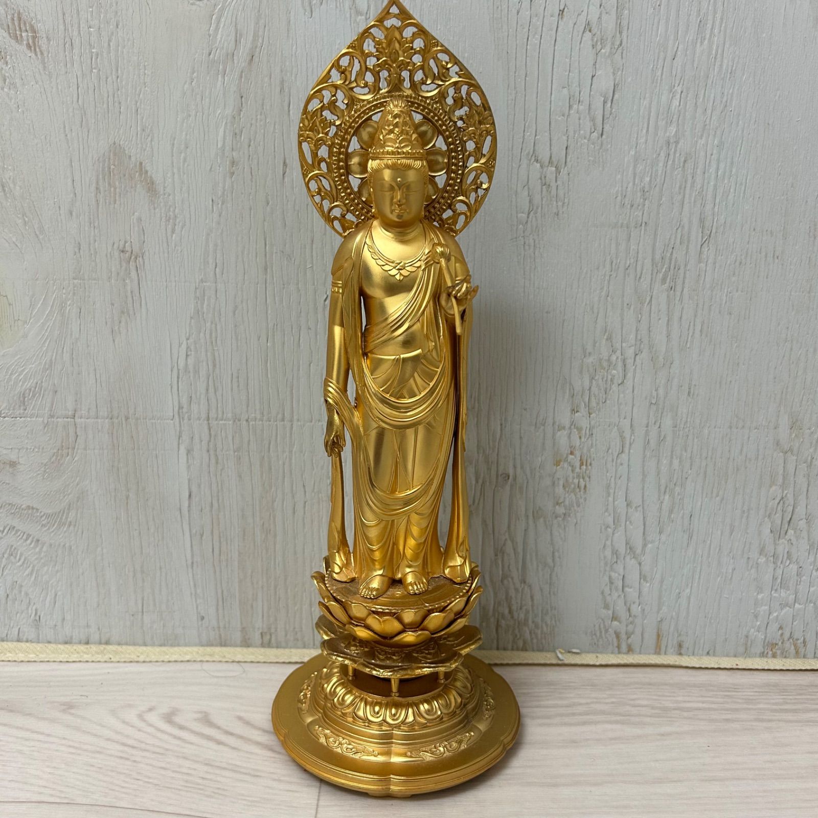 松久朋琳作 聖観音菩薩立像 金メッキ 銅製 約27cm 仏像 大仏師 厄除け 守護 開運 美術工芸品 ■Ｃ