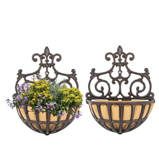 Sungmor2PC壁掛け植木鉢バスケット、ファブリック裏地付き、アンティークビクトリア風鋳鉄植木鉢屋内壁掛けスタンド、屋外手すりフェンスバルコニー吊