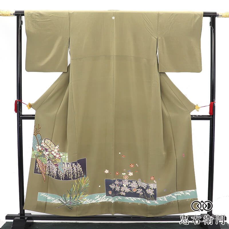 色留袖 訪問着仕立て 一つ紋 フォーマル 袷 レディース 正絹 茶緑 カーキ 松竹梅 伝統文様 古典柄 落款 身丈158cm 裄丈66.5cm 結婚式 式典 お祝い 祝賀会 Mサイズ相当 送料無料 即日発送