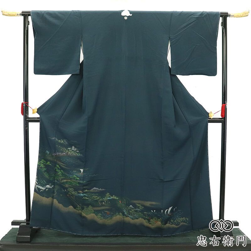 縫取り 色留袖 訪問着仕立て 一つ紋 フォーマル 袷 レディース 正絹 深緑 風景柄 東海道五十三次 丸に五三根笹 身丈169cm 裄丈68.5cm 結婚式 式典 お祝い 祝賀会 Lサイズ相当 送料無料 即日発送