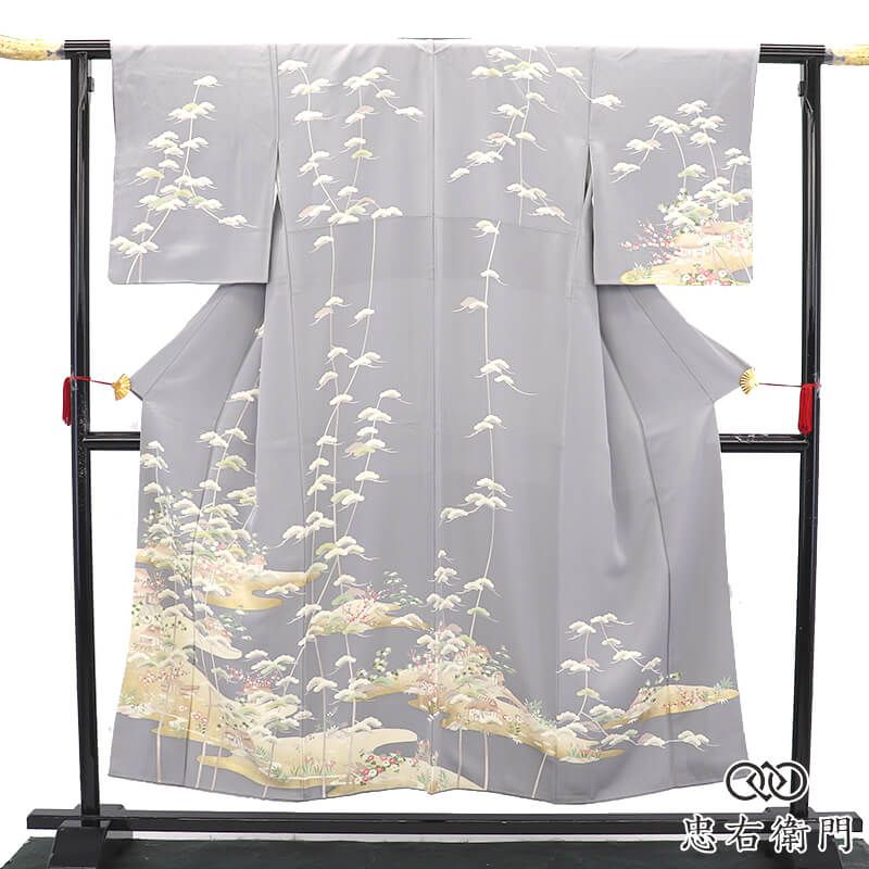 京友禅 訪問着 フォーマル 袷 レディース 正絹 グレー 松 風景柄 古典柄 上品 身丈154cm 裄丈64cm 結婚式 入学式 卒業式 お宮参り お茶会 Sサイズ相当 送料無料 即日発送