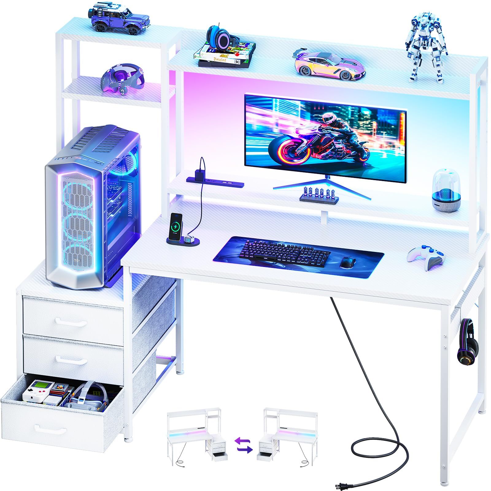 AODK ゲーミングデスク パソコンデスク コンセント&LED付き 幅120cm 机 pcデスク ゲームデスク gaming desk 引き出し＆モニター台付き ゲーミングテーブル 棚付き 左右入れ替え対応 カーボン調ホワイト