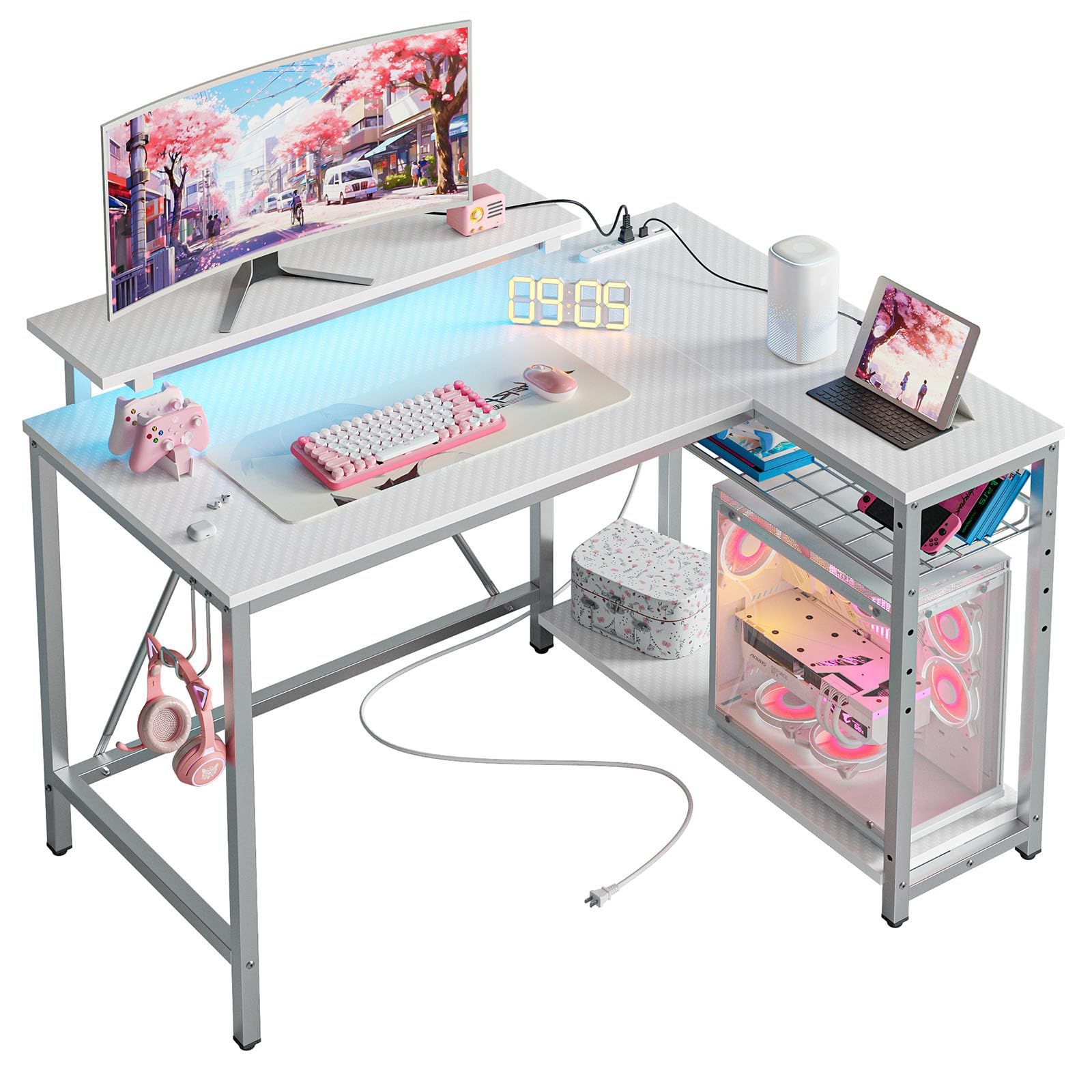 Bestier パソコンデスク l字デスク コンセント付き 幅107cm×奥行80cm ゲーミングデスク モニター台&LED付き 机 pcデスク ワークデスク 収納ラック付き 左右入れ替え対応 おしゃれ カーボン調ホワイト