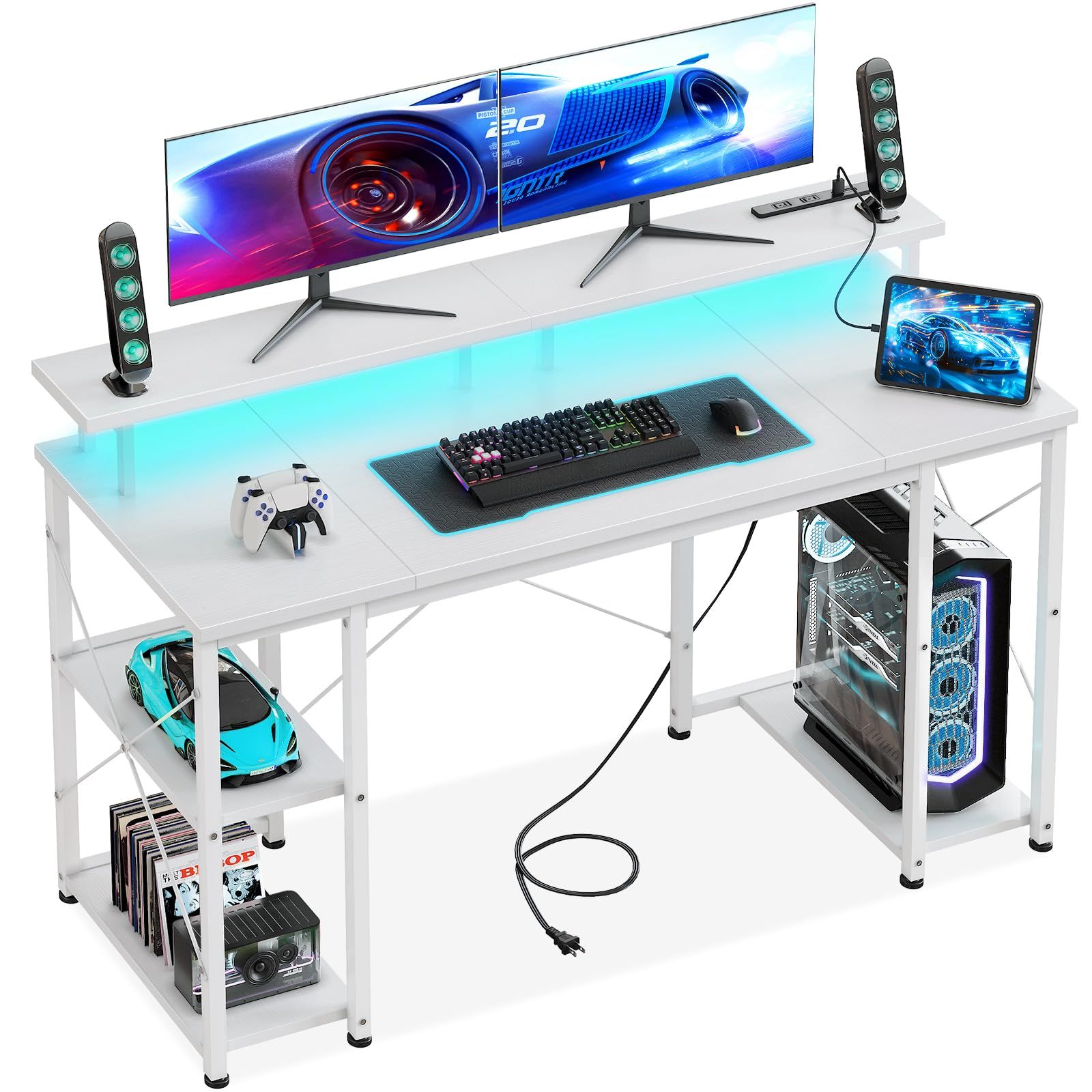 AODK ゲーミングデスク パソコンデスク コンセント&LED付き 机 pcデスク 幅120cm 両側ラック&モニター台付き 勉強机 ゲームデスク computer desk ワークデスク オフィスデスク 長机 左右入れ替え対応 ホワイト