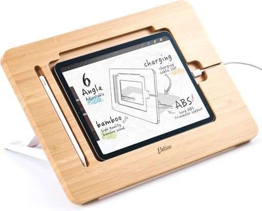ELEKOOCON調節可能なタブレットスタンド鉛筆&充電ケーブルスロット付きアップグレードされた竹製デスクスタンド複数の角度オーガナイザーデスクトップ