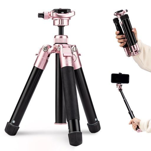 Fotopro152CMミニ三脚軽量コンパクトトラベル三脚360度ボールヘッド電話マウント着脱式自撮り棒カメラフォン三脚最大荷重4KGFree-1桜色