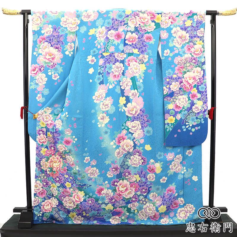 振袖 成人式 前撮り 正絹 単品 正絹 水色 牡丹 熨斗 金駒刺繍 古典柄 身丈174cm 裄丈67.5cm M～Lサイズ相当 晴れ着 結婚式 レディース 女性用 即日発送 送料無料 即日発送