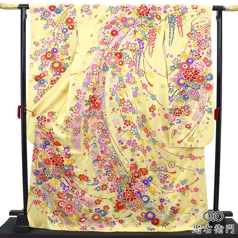 振袖 成人式 前撮り 正絹 単品 正絹 黄色 クリーム 桜 鞠 花車 古典柄 身丈174cm 裄丈67.5cm 晴れ着 結婚式 M～Lサイズ相当 レディース 女性用 即日発送 送料無料 即日発送