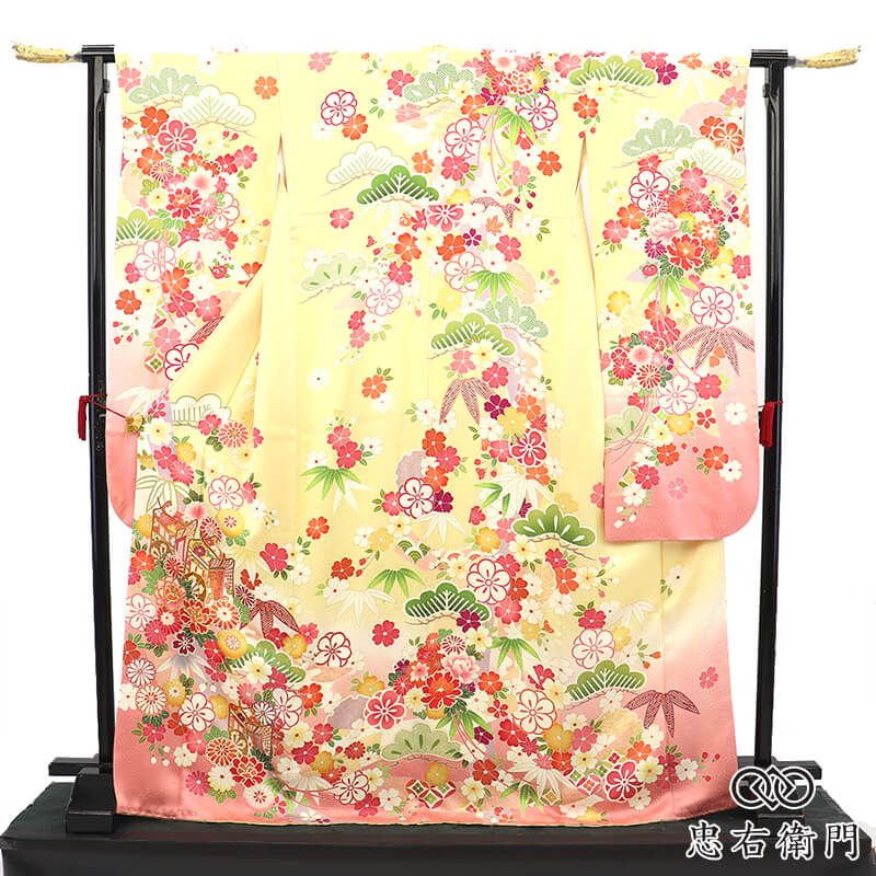 振袖 成人式 前撮り 正絹 単品 正絹 黄色 クリーム 古典柄 松竹梅 牡丹 金駒刺繍 華やか 身丈174cm 裄丈67cm 晴れ着 結婚式 M～Lサイズ相当 レディース 女性用 即日発送 送料無料 即日発送
