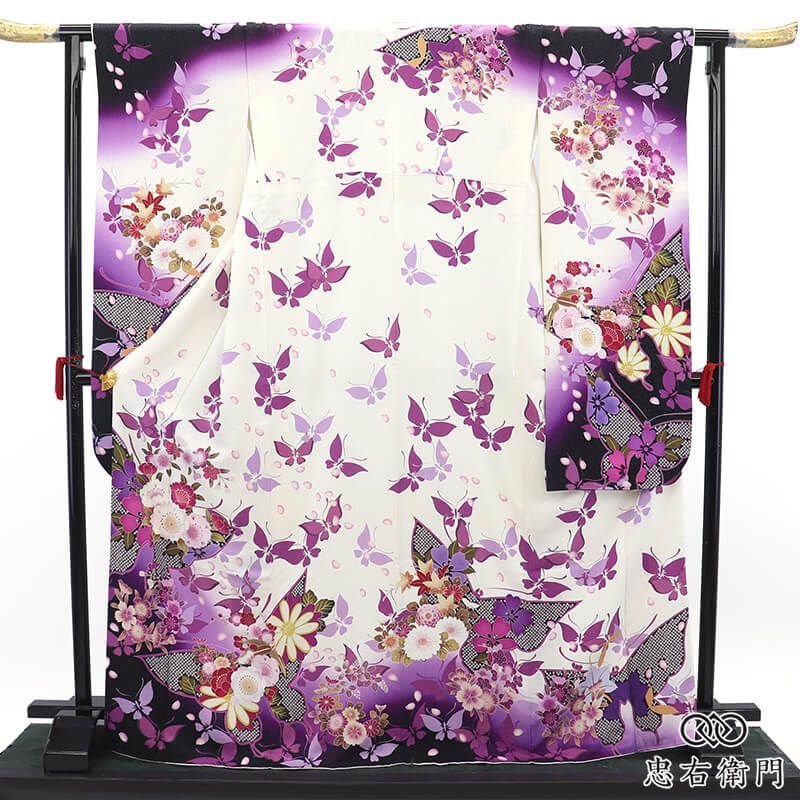 振袖 成人式 前撮り 正絹 単品 正絹 白 紫 蝶々 モダン 菊 伝統文様 身丈172cm 裄丈67.5cm 晴れ着 結婚式 M～Lサイズ相当 レディース 女性用 即日発送 送料無料 即日発送