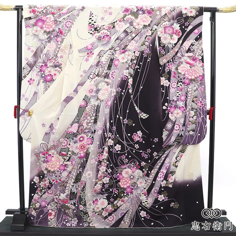 振袖 成人式 前撮り 正絹 単品 正絹 白 濃紫 熨斗柄 桜 モダン クール 駒刺繍 身丈171cm 裄丈67cm 晴れ着 結婚式 M～Lサイズ相当 レディース 女性用 即日発送 送料無料 即日発送