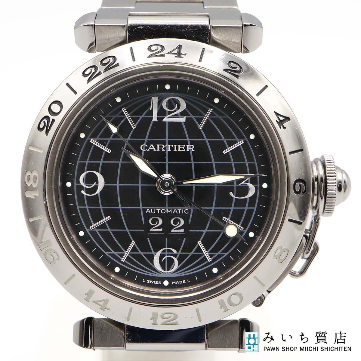 稼働 腕時計 Cartier カルティエ パシャC メリディアン GMT ビッグデイト W31049M7 自動巻き 黒色文字盤 M3795